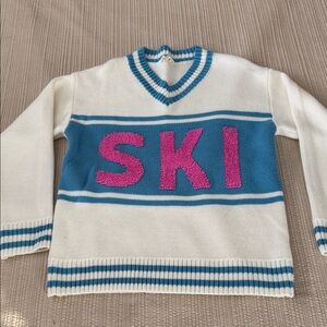 Peach Love California White and Blue Sweater with Pink 'SKI'